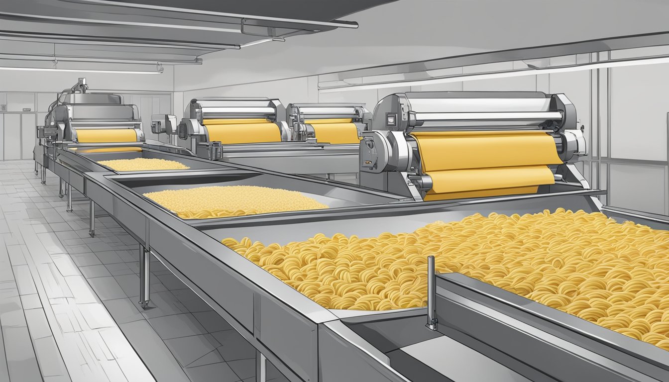 Ingredients being mixed, rolled, and cut into various shapes. Conveyor belts transport pasta to drying chambers before packaging