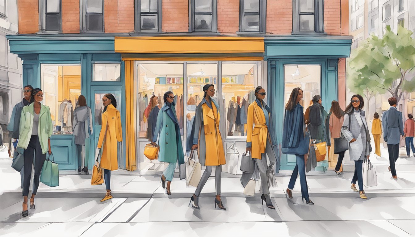 The bustling streets of NYC showcase seasonal fashion collections and trends, with vibrant storefront displays and stylish mannequins