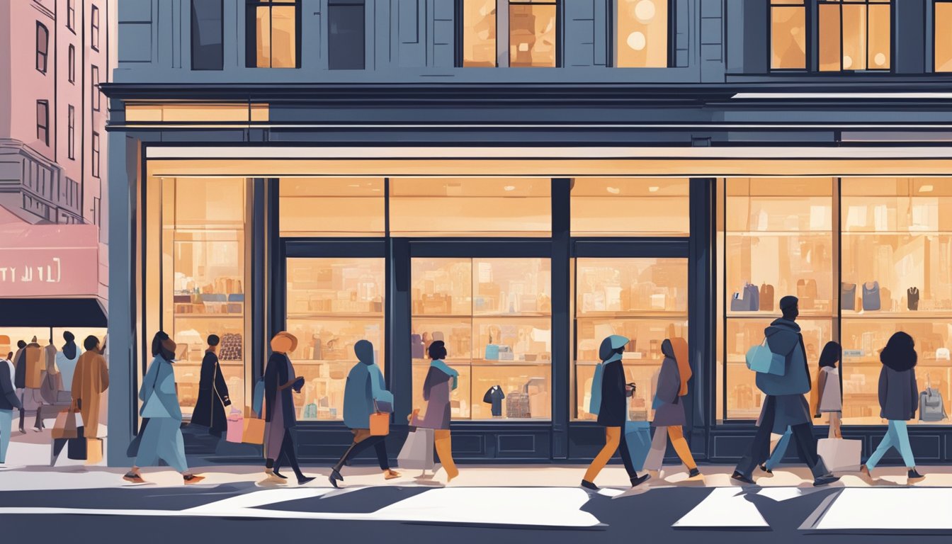 People browsing NYC brand stores in busy city street. Glowing storefronts and crowded sidewalks. Iconic logos and trendy fashion on display
