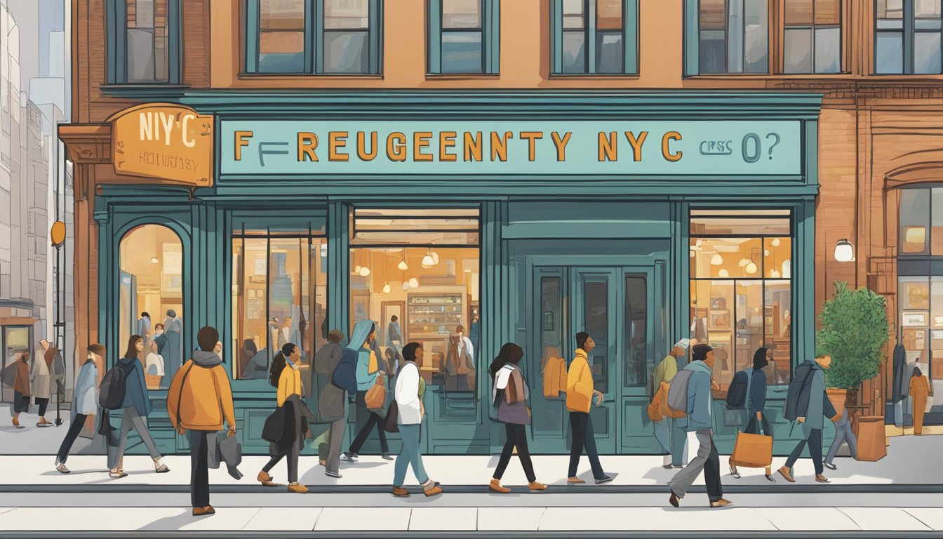 A bustling city street with a prominent "Frequently Asked Questions NYC" storefront sign. Pedestrians walk by, some pausing to look at the display windows