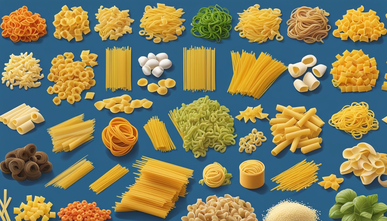 Various types of pasta arranged in a colorful display, including popular pasta brands like Barilla and De Cecco