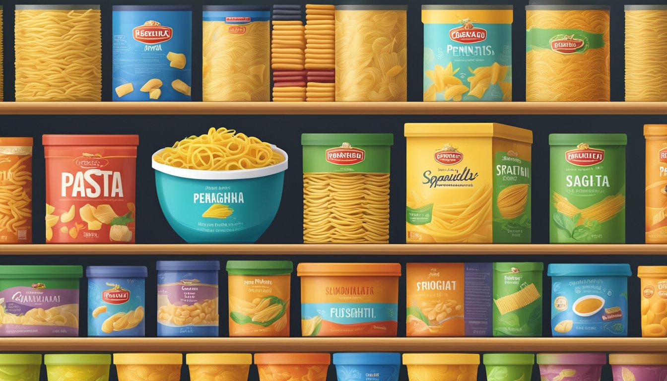 Various pasta brands displayed on shelves with colorful packaging and different types of pasta, including spaghetti, penne, and fusilli