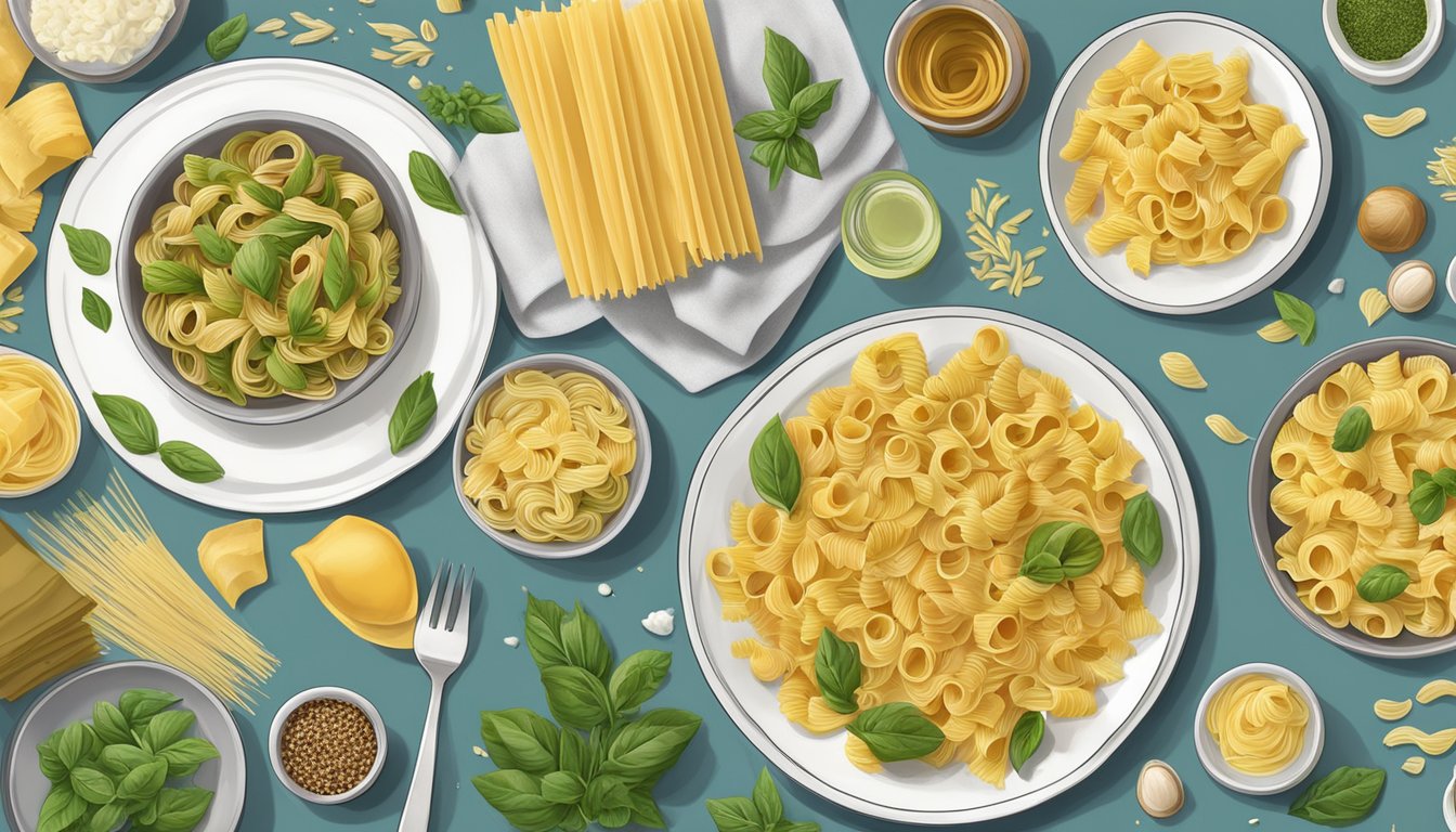 A table set with various pasta brands and accompanying ingredients for culinary pairings