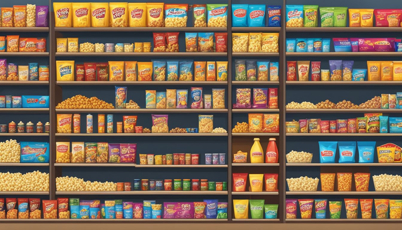 A colorful array of popcorn brands displayed on shelves in a movie theater lobby