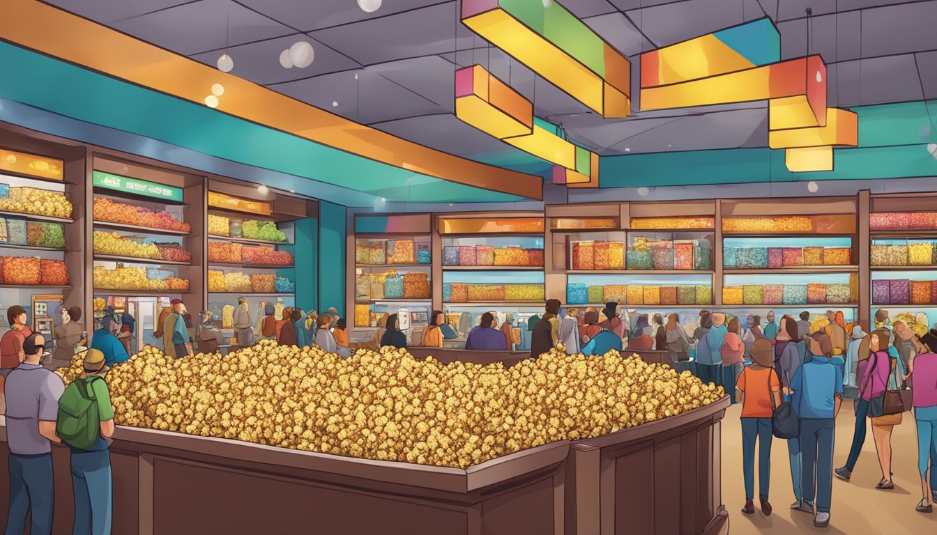 A bustling movie theater lobby with colorful popcorn brands displayed on shelves, attracting a crowd of eager customers