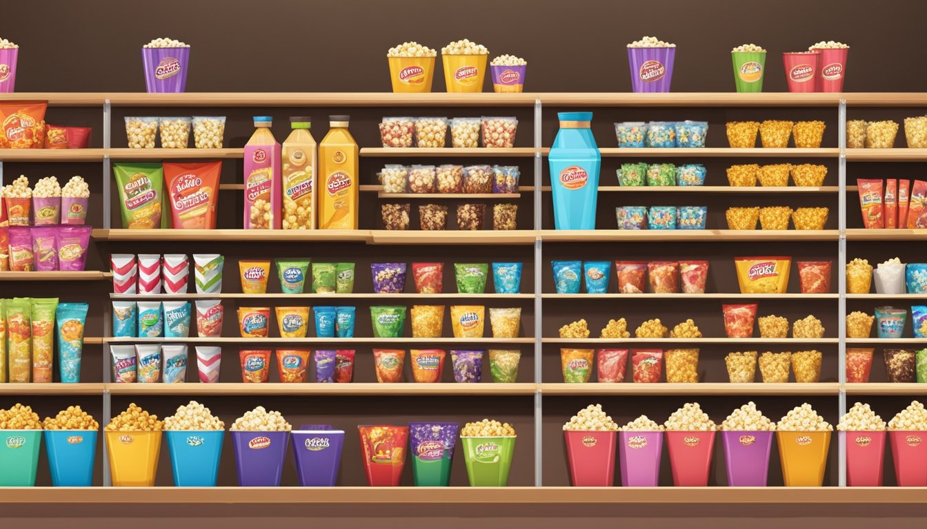 Various popcorn brands displayed on shelves with colorful packaging and different flavors. A popcorn machine in the background adds to the lively atmosphere