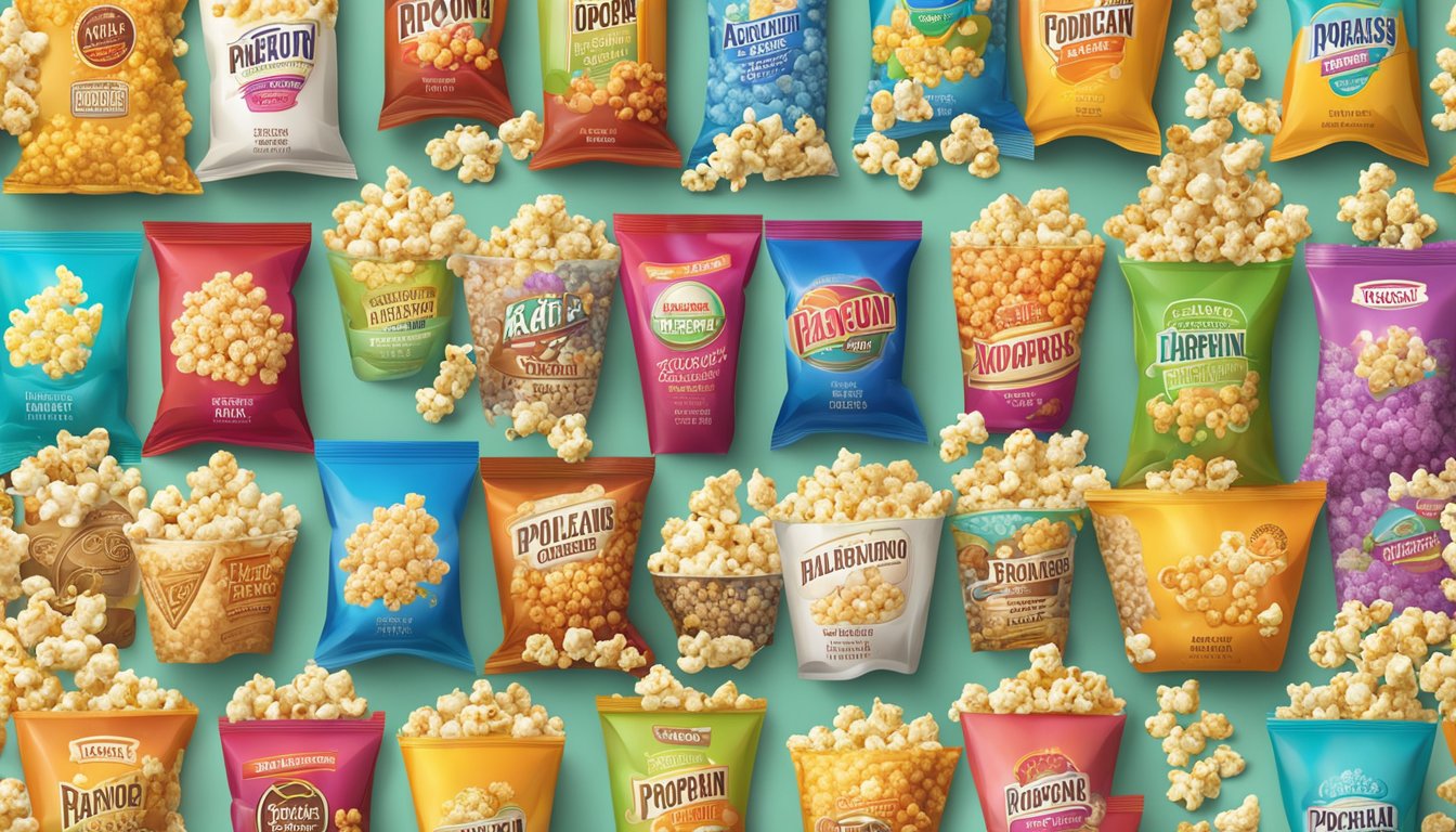 A variety of popcorn brands with different flavor profiles and ingredients displayed on a colorful, eye-catching backdrop