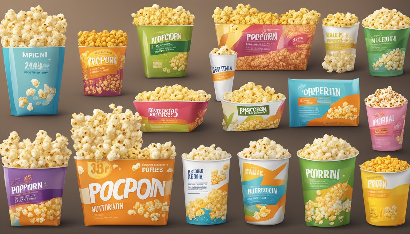 A table with various popcorn brands' nutritional information displayed on their packaging