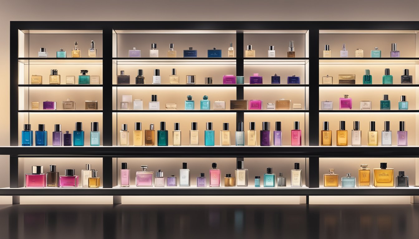 Various perfume bottles displayed on a sleek, backlit shelf in a high-end boutique. Labels of popular brands like Chanel, Dior, and Gucci are prominently featured