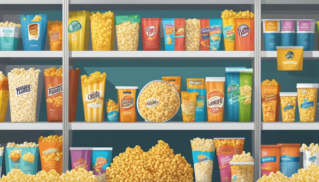 A variety of popcorn brands arranged on shelves with a "Frequently Asked Questions" sign above