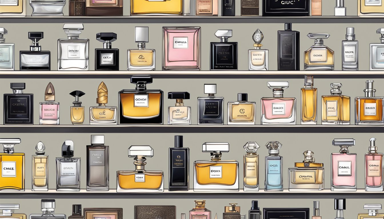 A row of iconic perfume bottles line a shelf, featuring popular brands like Chanel, Dior, and Gucci. The elegant designs and luxurious packaging exude sophistication and style