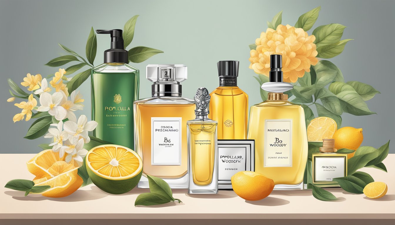 A table displays various fragrance notes like floral, citrus, and woody. Bottles of popular perfume brands sit beside them