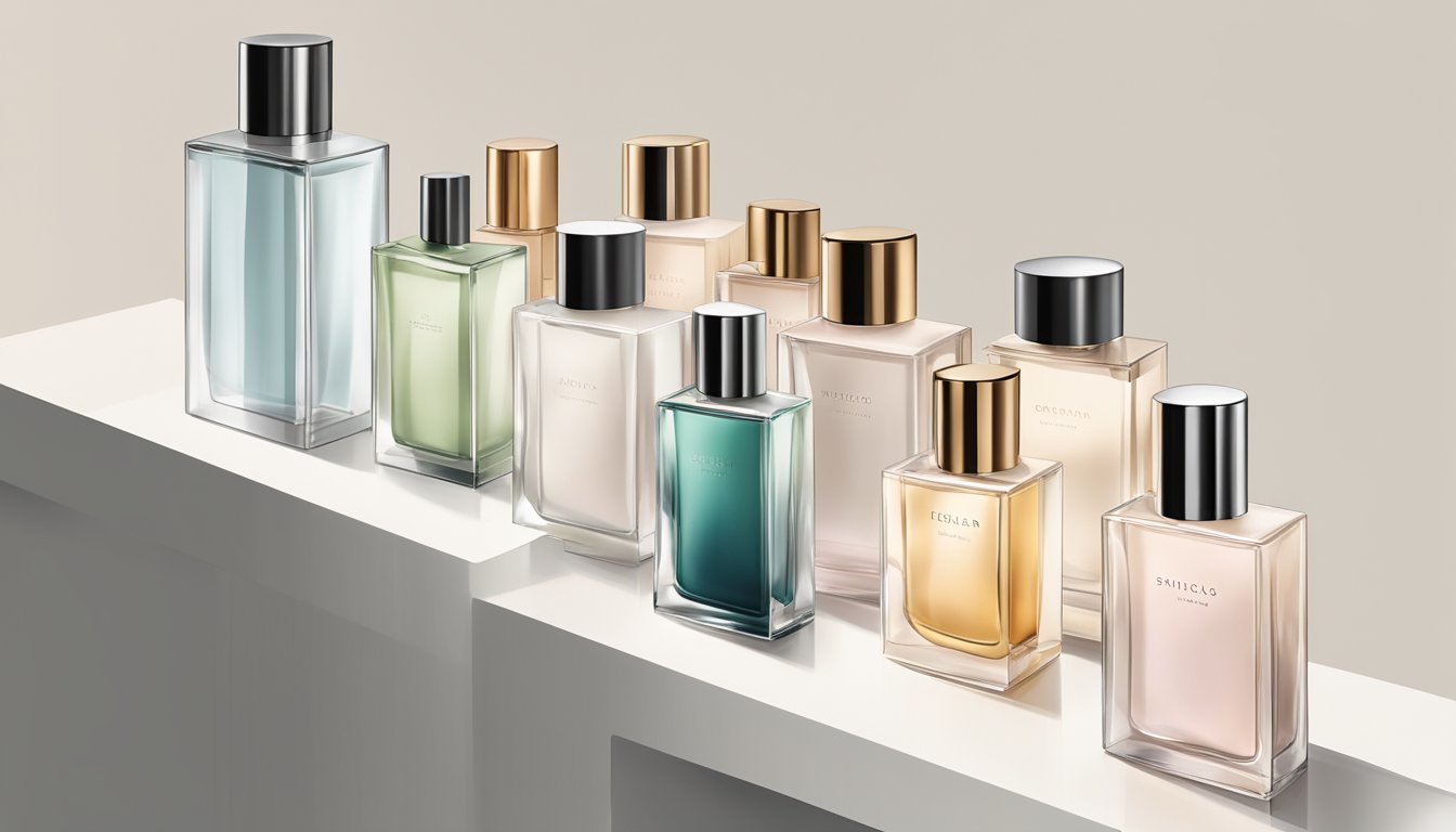A display of sleek, modern perfume bottles from top-selling brands, arranged on a minimalist white shelf against a backdrop of soft, neutral colors