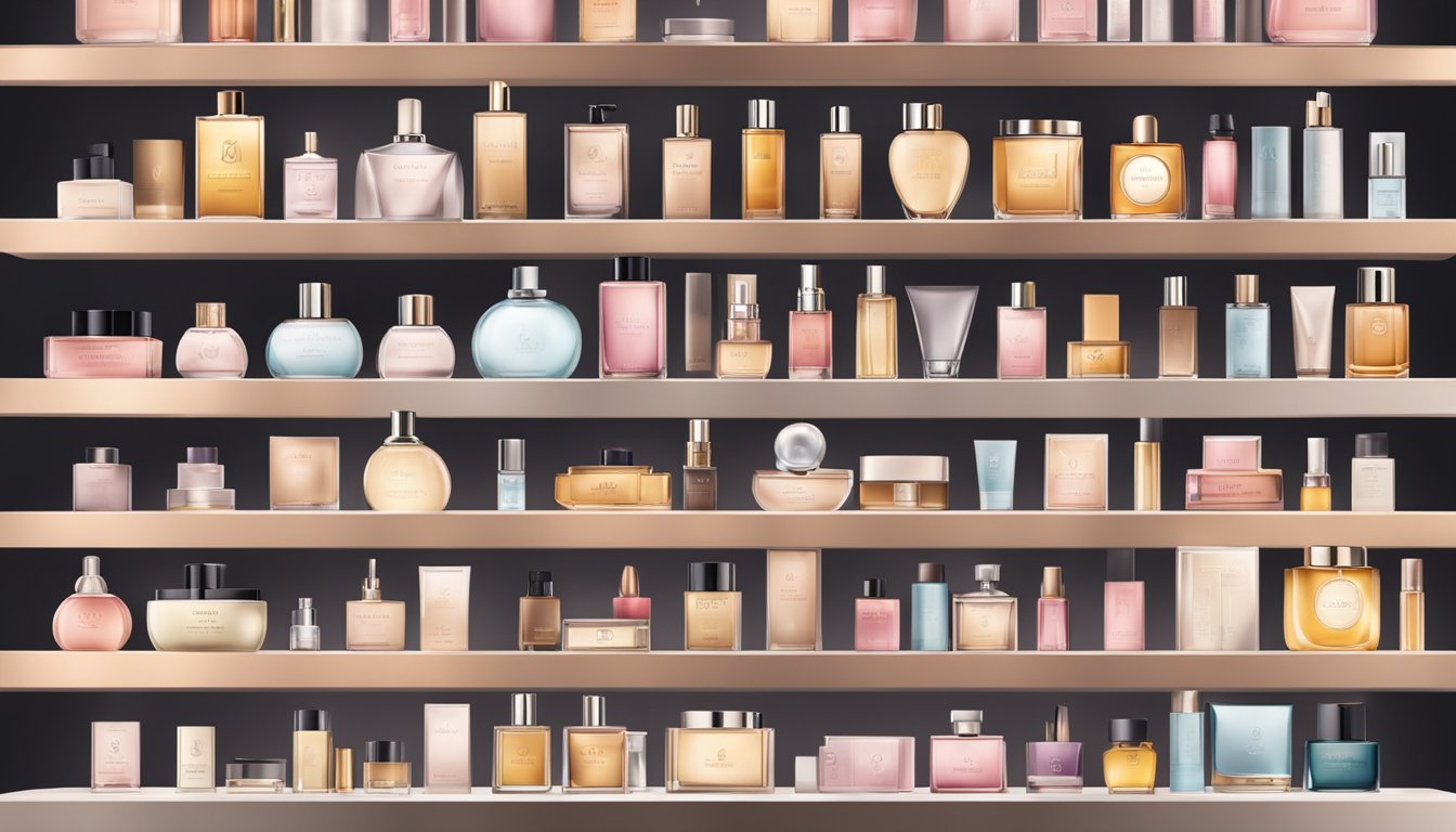 A display of popular perfume brands arranged on a sleek, minimalist shelf with soft, warm lighting highlighting their elegant packaging