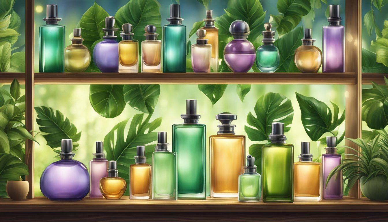 A display of unique perfume bottles on wooden shelves, surrounded by lush green plants and soft lighting