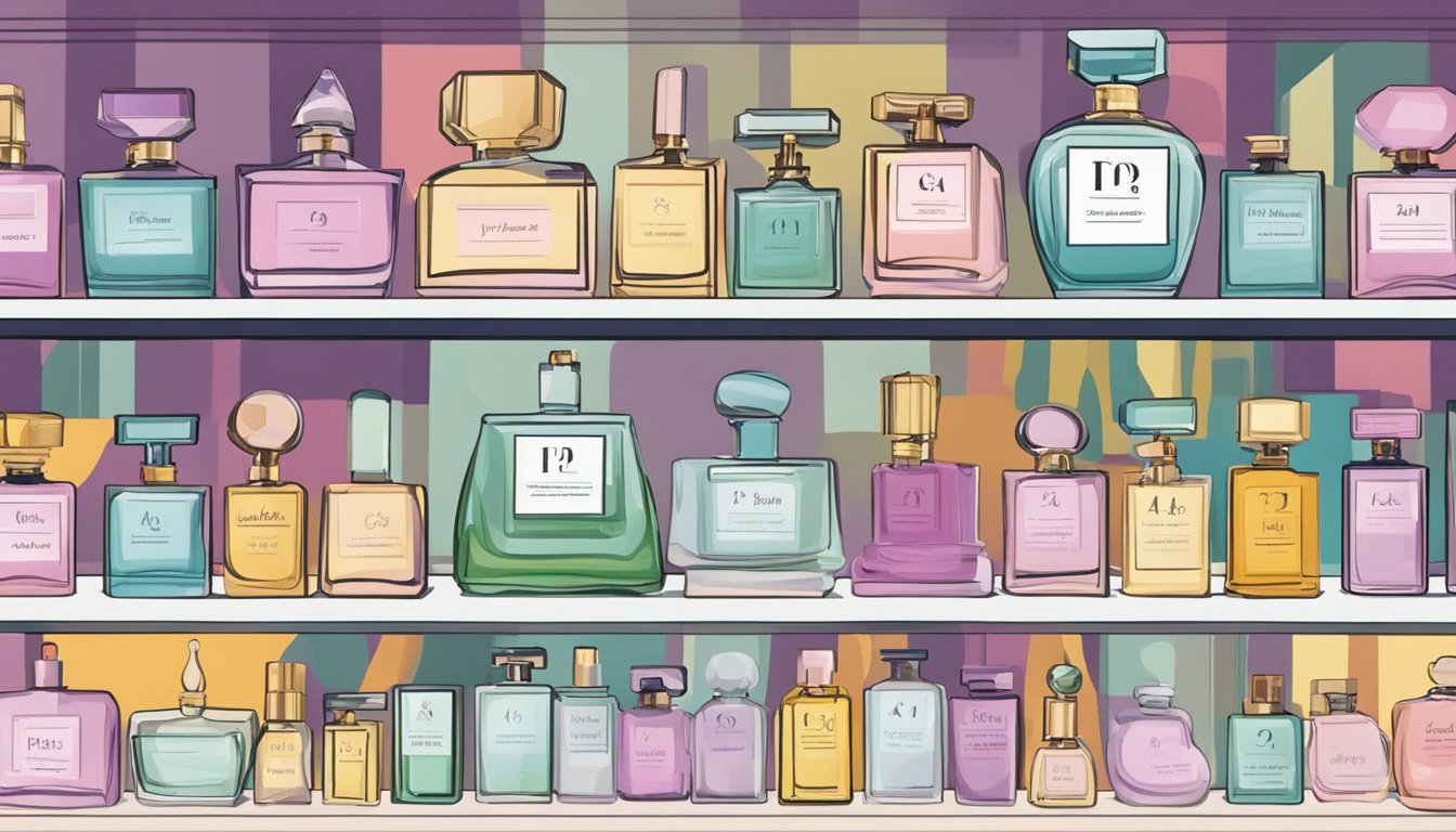 A table displaying various perfume bottles with "Frequently Asked Questions" signage in a busy department store