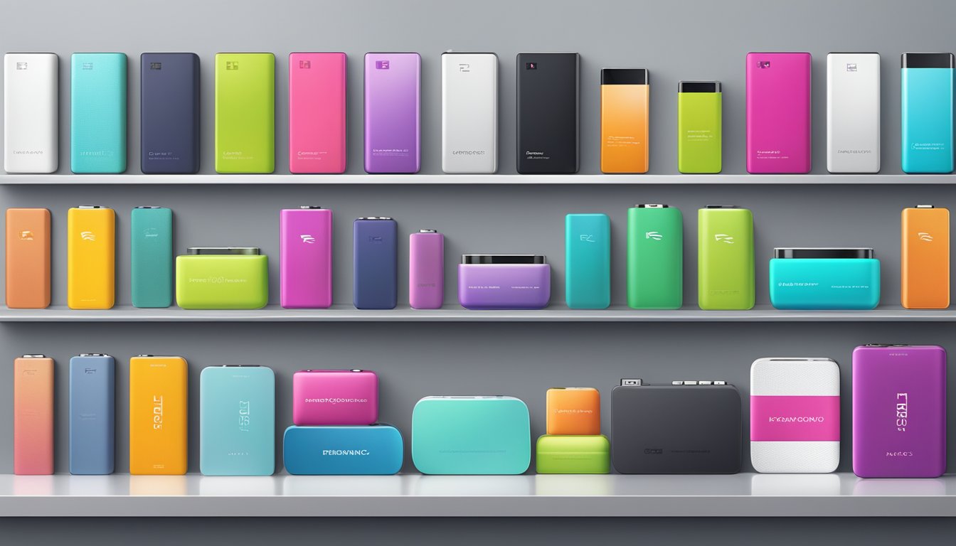 Various power bank brands arranged on a sleek display shelf, with vibrant packaging and different sizes and capacities