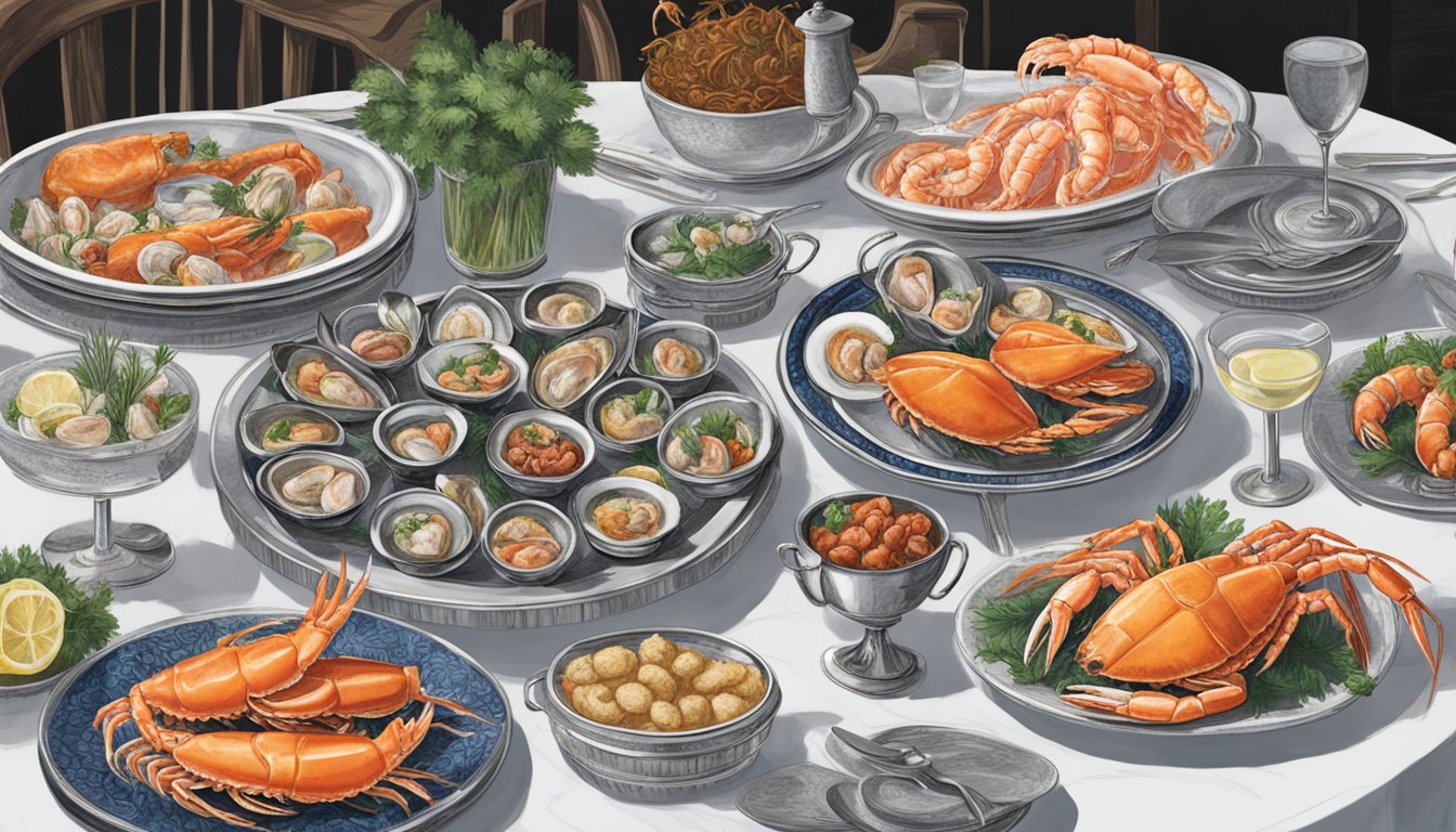 A table adorned with a variety of seafood dishes from the Rabbit Brand menu. Platters of fresh oysters, crab legs, and shrimp cocktail are arranged alongside elegant silverware and decorative garnishes