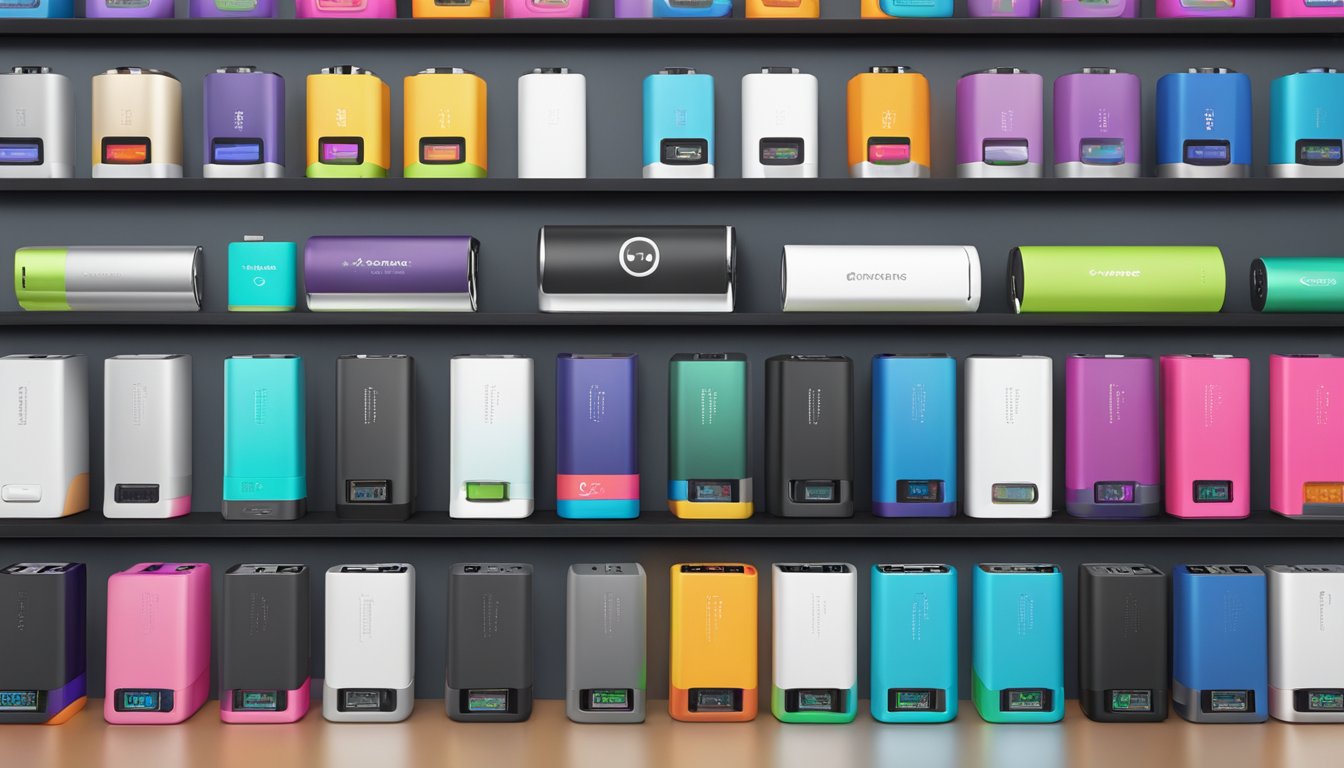 Various top power bank brands arranged on a sleek, modern display shelf. Each brand's logo is prominently displayed, showcasing their unique design and features