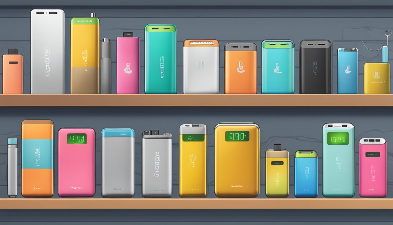 Various power bank brands lined up on a store shelf, each with distinct logos and designs. Displayed prominently with different colors and sizes
