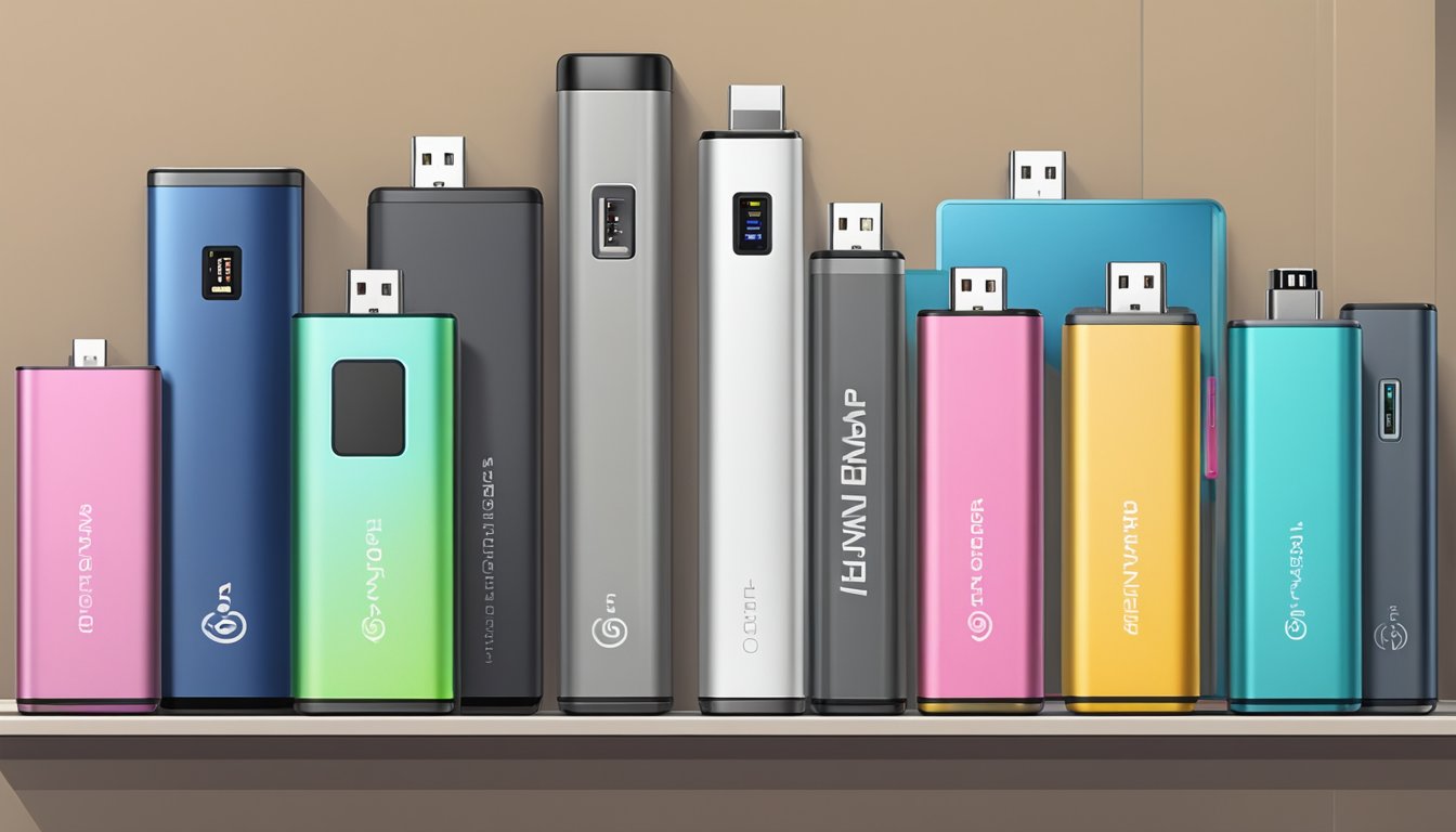 Various power banks of different sizes and designs displayed on a store shelf. Brands and specifications are clearly labeled