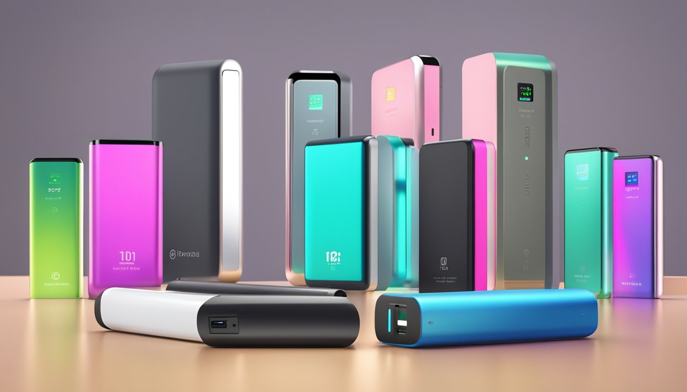 A variety of power bank brands, showcasing the latest innovations in technology, are arranged on a sleek, modern display