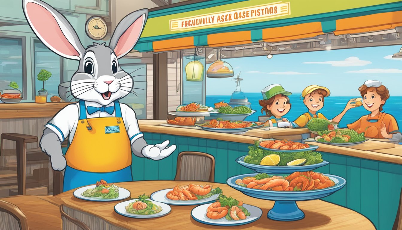 A rabbit mascot presents a seafood menu with the words "Frequently Asked Questions" in bold. Various dishes are displayed with vibrant colors and appetizing details