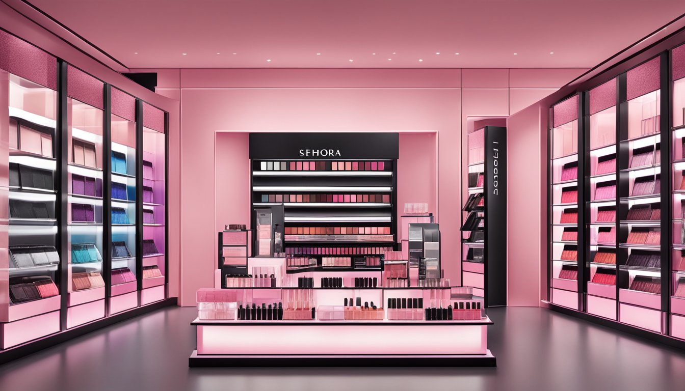 Sephora's Blush Collection displayed in a sleek, well-lit showcase. Vibrant hues and elegant packaging catch the eye