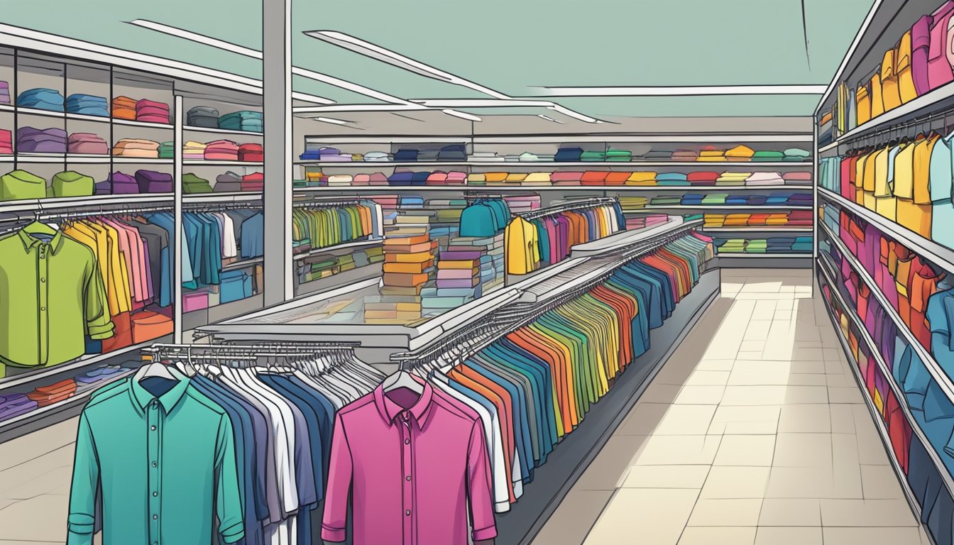 A colorful array of shirt brands line the shelves, showcasing various designs and styles in a bustling Singapore market
