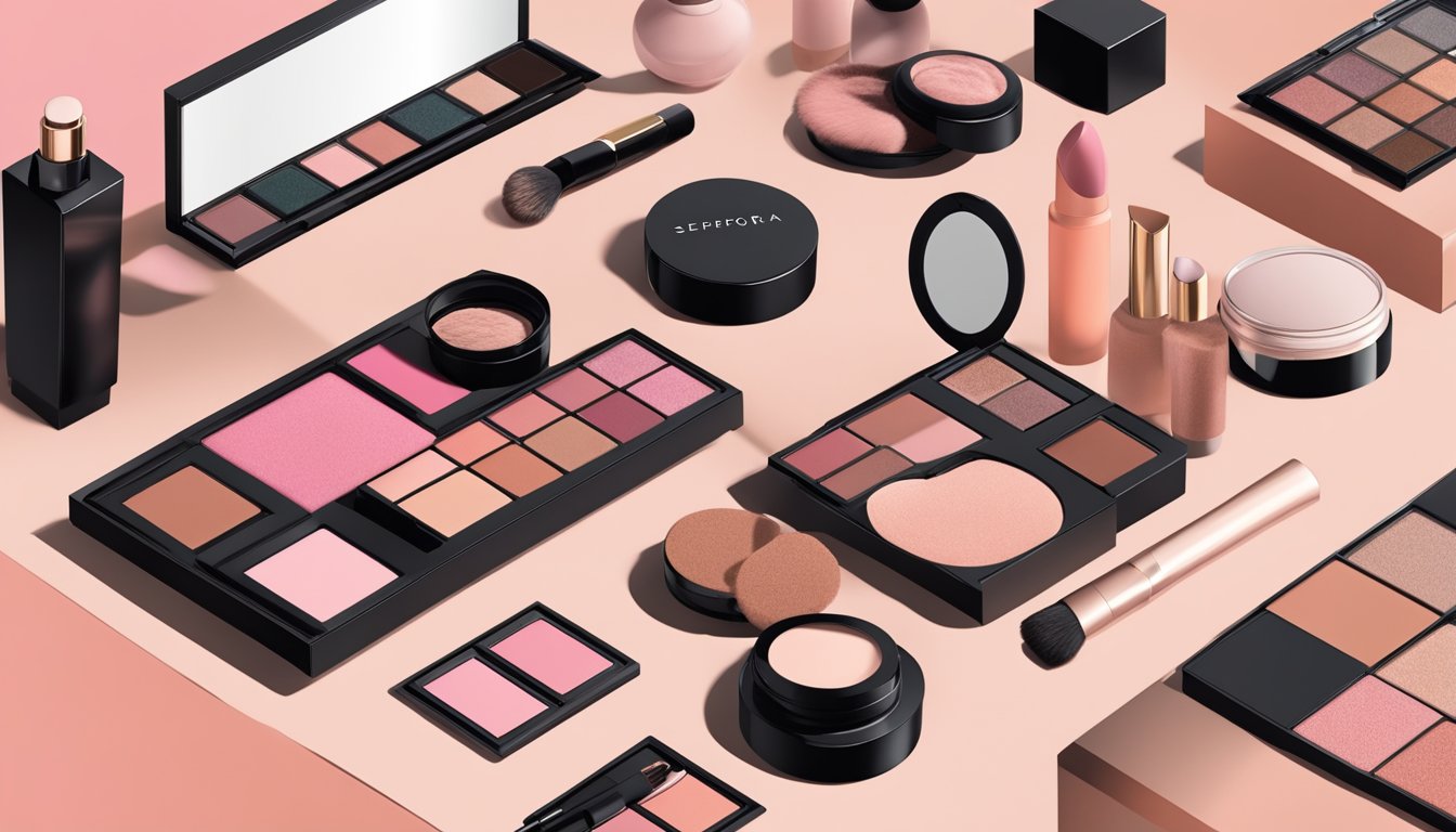 A hand reaching for a Sephora brand blush, surrounded by various shades and textures of blush products, displayed on a sleek, modern makeup counter