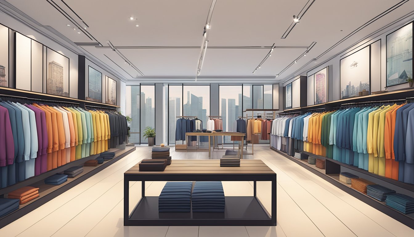 A display of modern and stylish shirt brands in a boutique setting in Singapore. Vibrant colors and sleek designs catch the eye