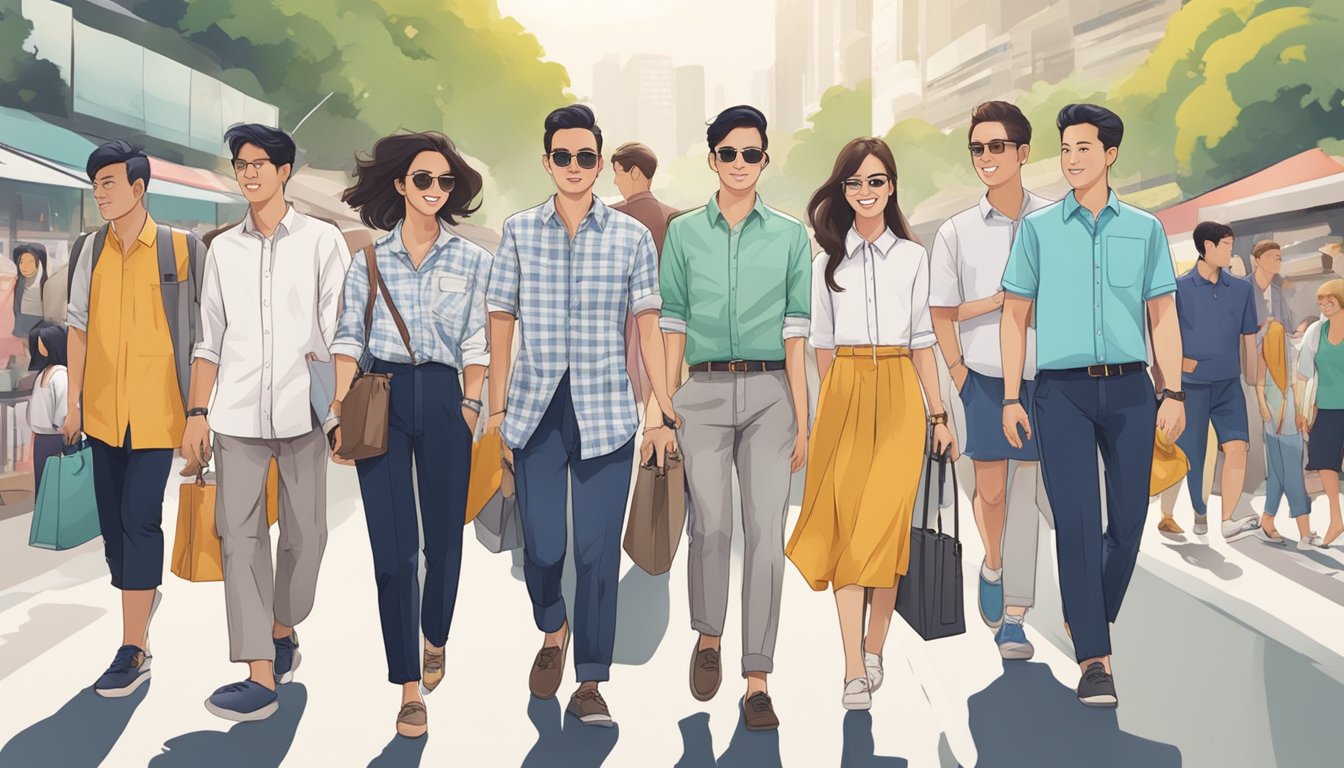 A bustling Singapore street with diverse individuals wearing Occasion and Versatility shirts, showcasing the brand's popularity and versatility
