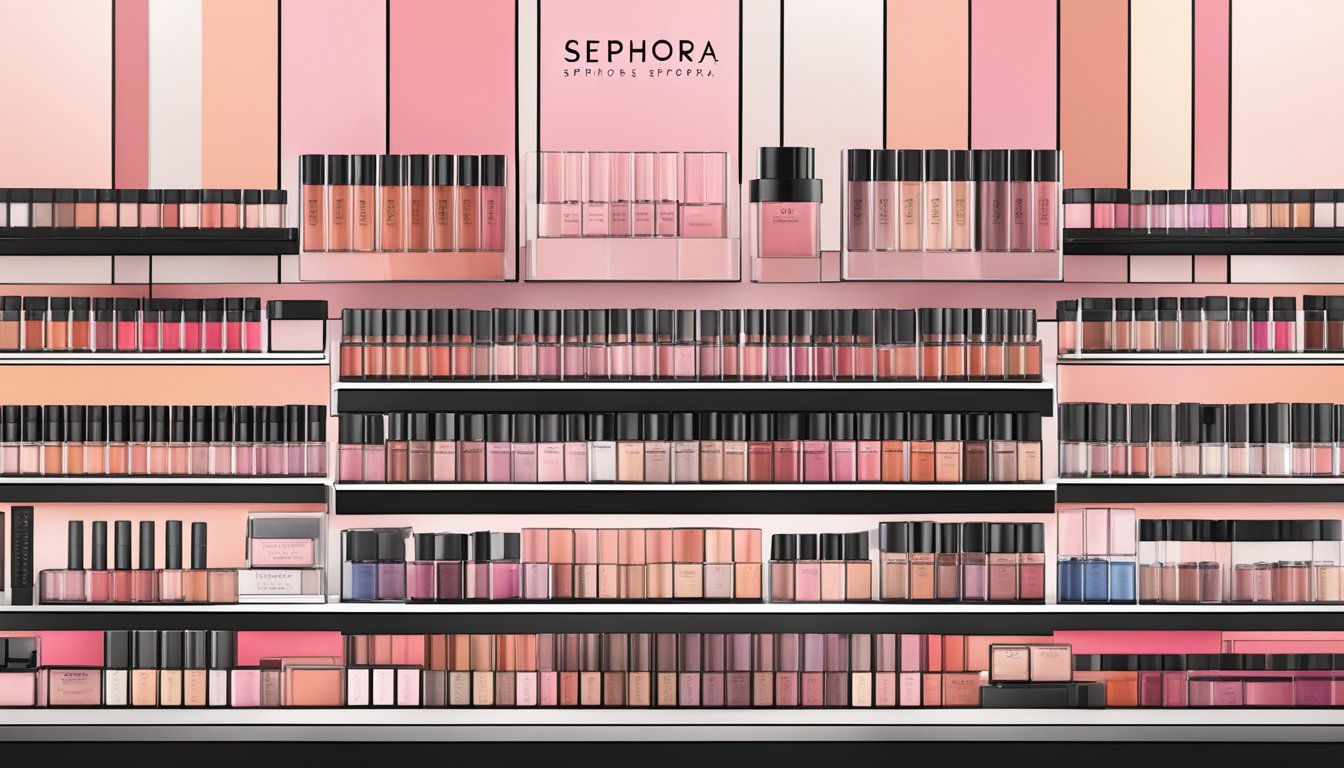 A sleek, modern display showcasing various shades of Sephora brand blush, neatly organized and prominently labeled as "Complementary Products."