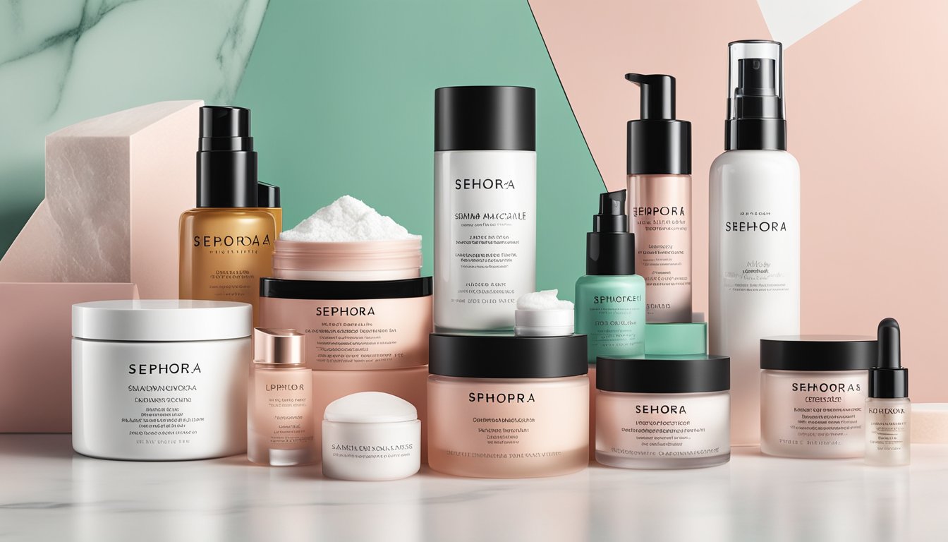 Sephora's skincare products arranged neatly on a white marble countertop with soft, natural lighting highlighting the brand's blush and other skincare items