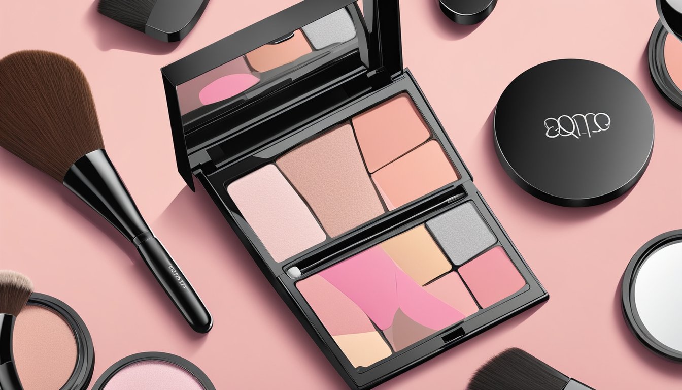 A compact blush with "Frequently Asked Questions" printed on the packaging, surrounded by various makeup brushes and a mirror