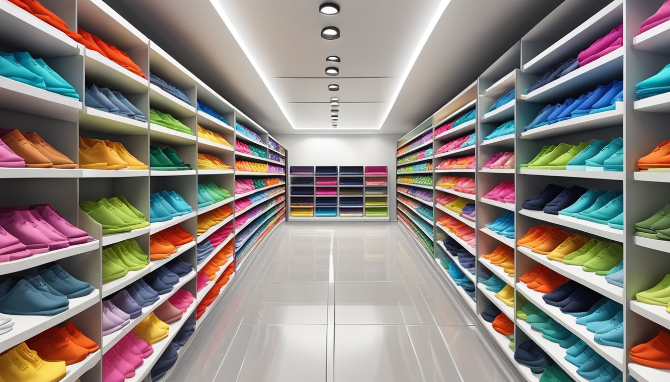 A display of colorful shirts arranged neatly on shelves with brand logos visible, in a modern and stylish retail setting in Singapore
