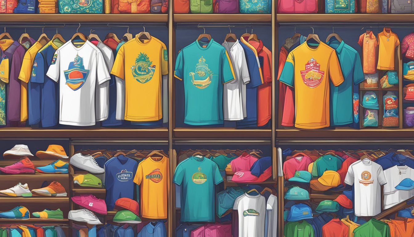 A colorful array of Singapore shirt brands displayed on shelves, with vibrant designs and logos