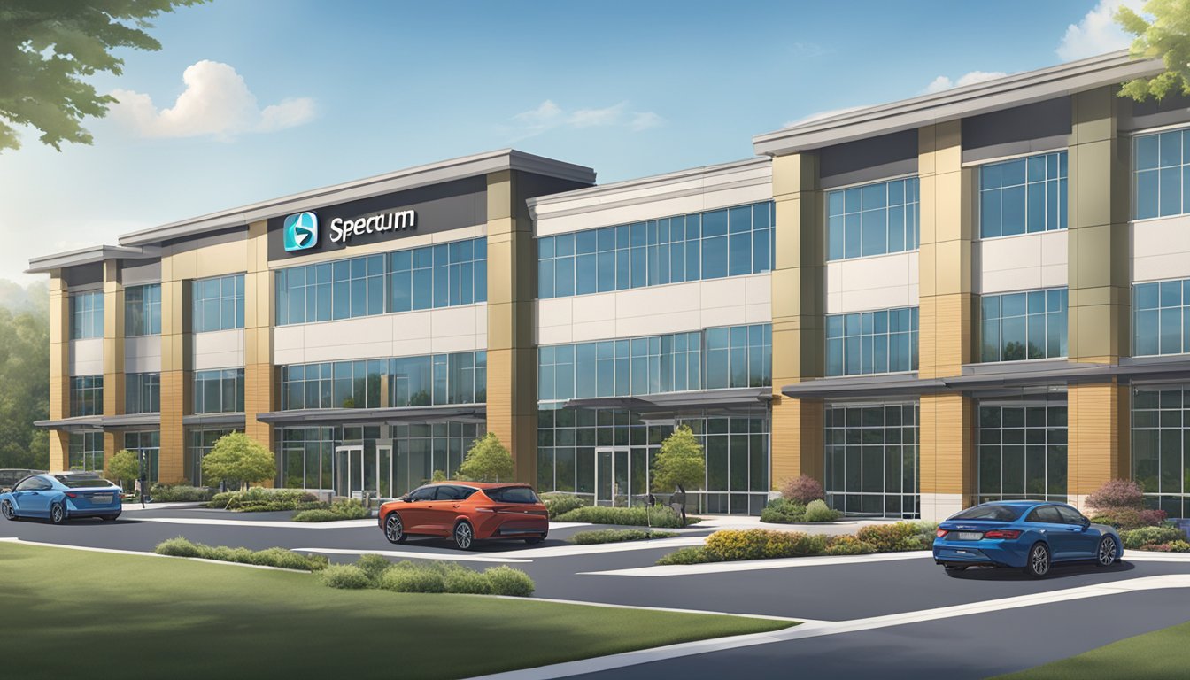A modern office building with the Spectrum Brands logo prominently displayed on the exterior. Surrounding landscaping and parking lot full of cars