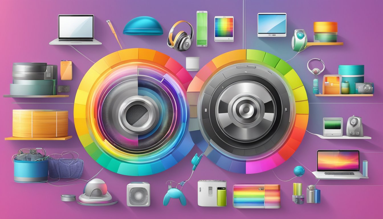A colorful spectrum of product categories, ranging from electronics to clothing, displayed in a circular arrangement