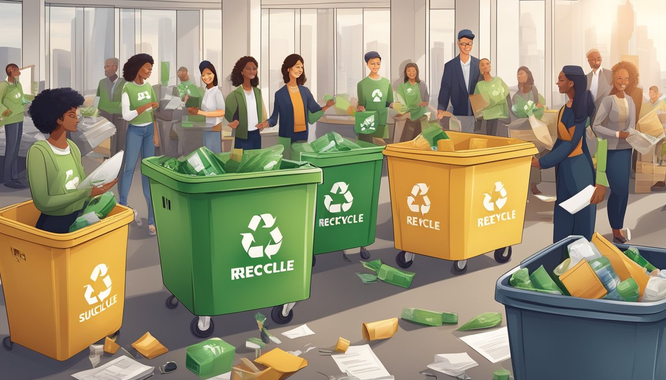 A diverse group of people working together to recycle, reduce waste, and promote sustainability in their corporate environment
