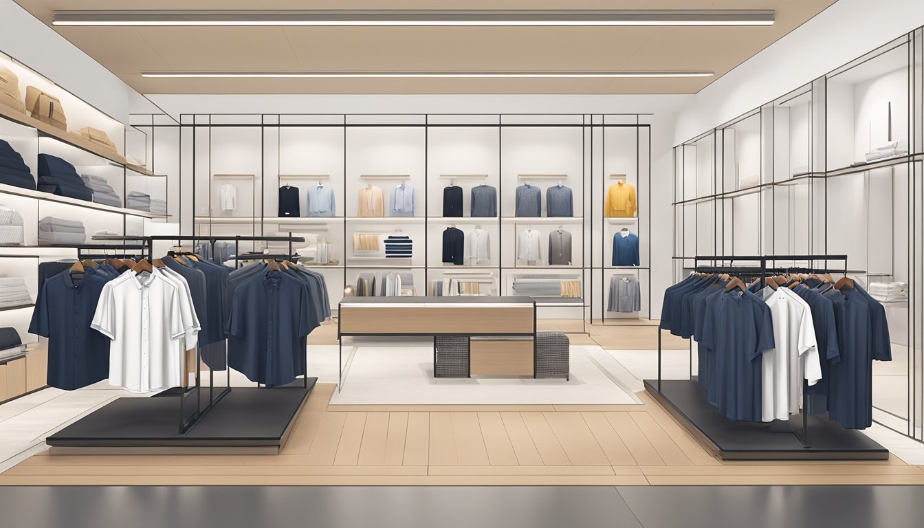 A display of trendy Singapore shirt brand offerings in a sleek, modern store setting with minimalist decor and clean lines