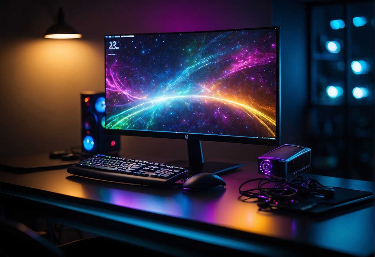 A gaming PC and monitor sit on a desk, illuminated by colorful LED lights. The PC tower is sleek and modern, with a transparent side panel showcasing its powerful components
