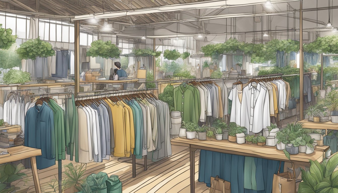 A bustling Singapore marketplace showcases eco-friendly material sourcing and local shirt production for a sustainable fashion brand