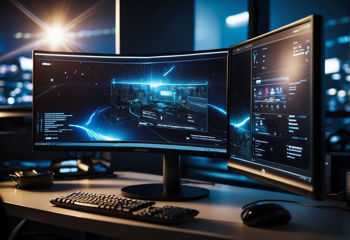 A gaming PC and monitor are set up on a clean desk with RGB lighting, cables neatly managed. The monitor displays high-resolution graphics with smooth motion