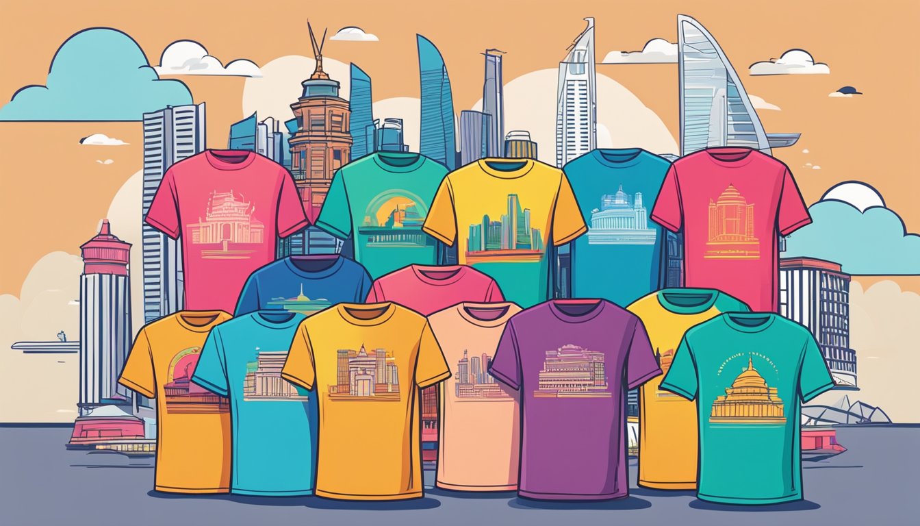 A stack of colorful t-shirts with "Frequently Asked Questions" branding, set against a backdrop of iconic Singapore landmarks