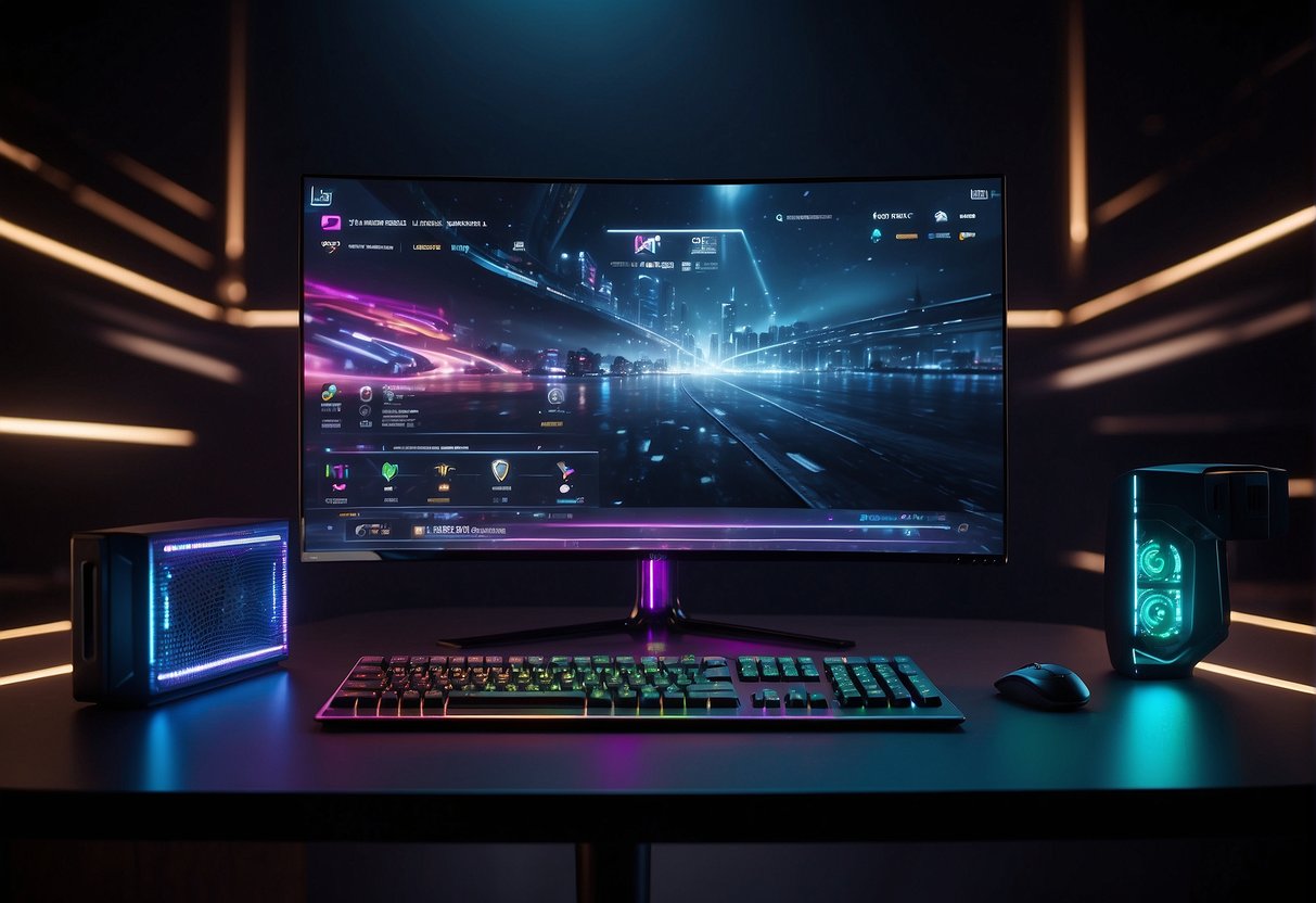 A sleek gaming PC with advanced features and technologies is connected to a high-resolution monitor. The PC is illuminated with customizable RGB lighting, and the monitor displays immersive gameplay graphics