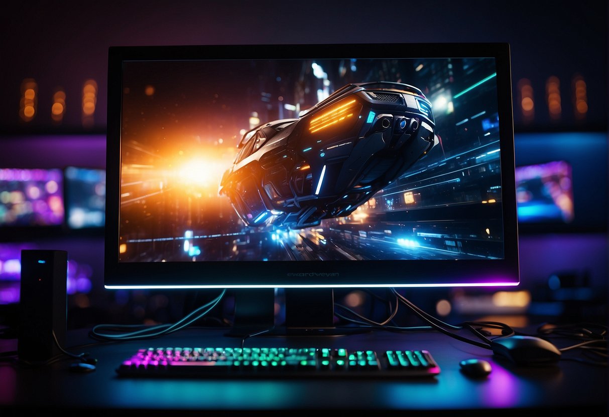 A gaming PC and monitor are connected with cables, displaying vibrant graphics. The devices are sleek and modern, with glowing LED lights adding to the futuristic aesthetic