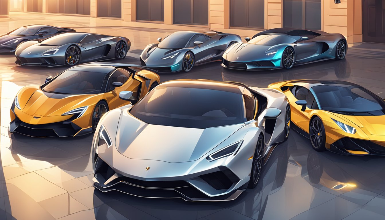 A row of supercar brands lined up at a luxury car show. Bright lights highlight their sleek designs and shiny exteriors