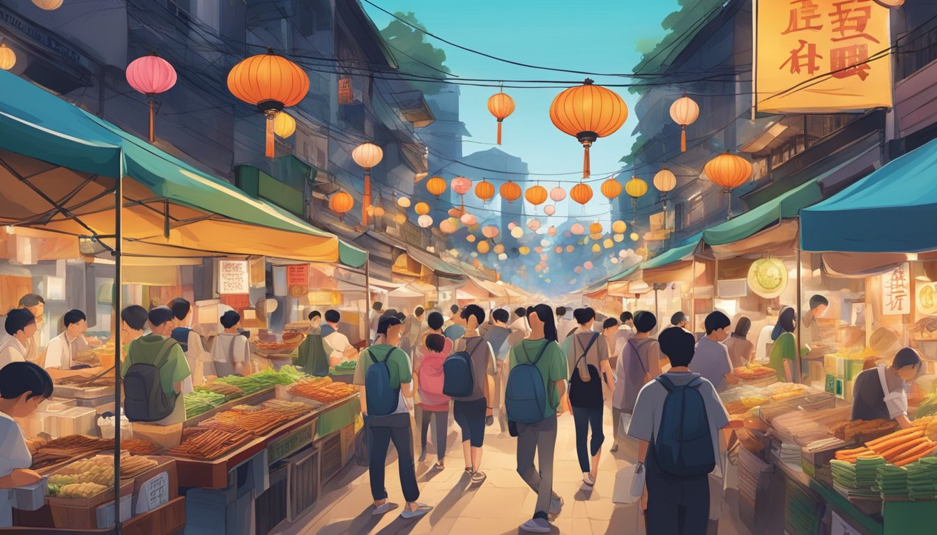 A bustling night market in Taiwan, with colorful signs and banners displaying various local brands and products. The aroma of street food fills the air