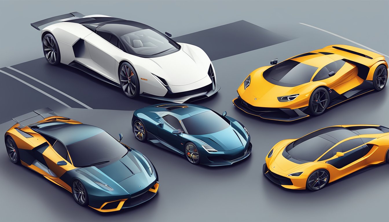 Sleek supercars line up, showcasing the evolution of design from various brands